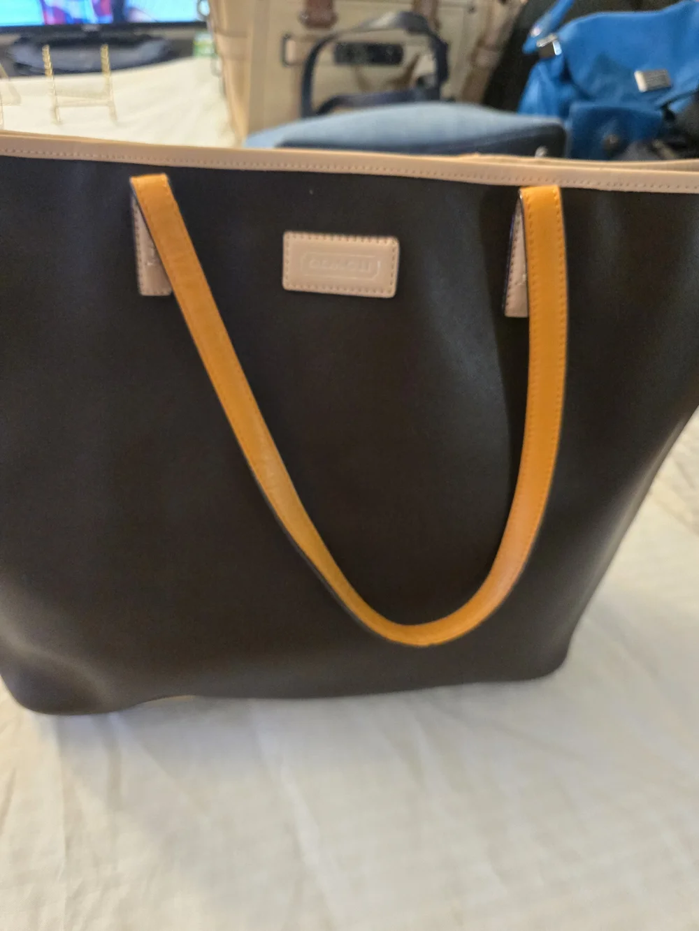 Coach Black Tote with Tan Trim and Yellow Handles